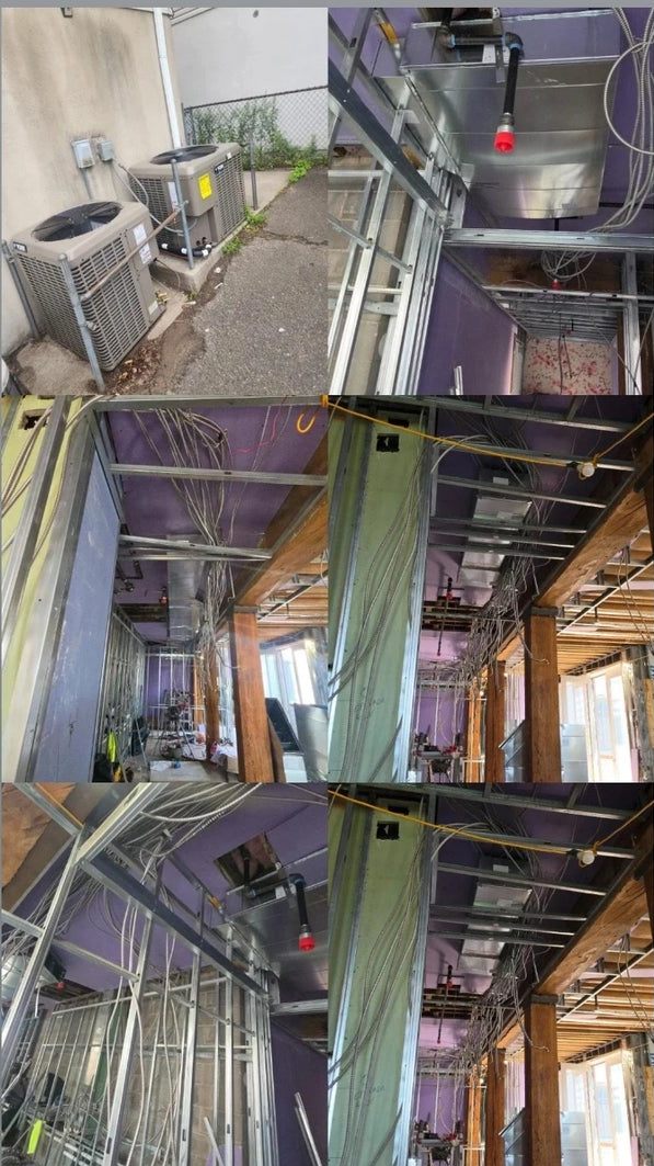 Six photographs from Joseth HVAC jobs: two outdoor condenser units beside a building, and sheet-metal duct runs installed through steel-stud framing during a commercial fit-out